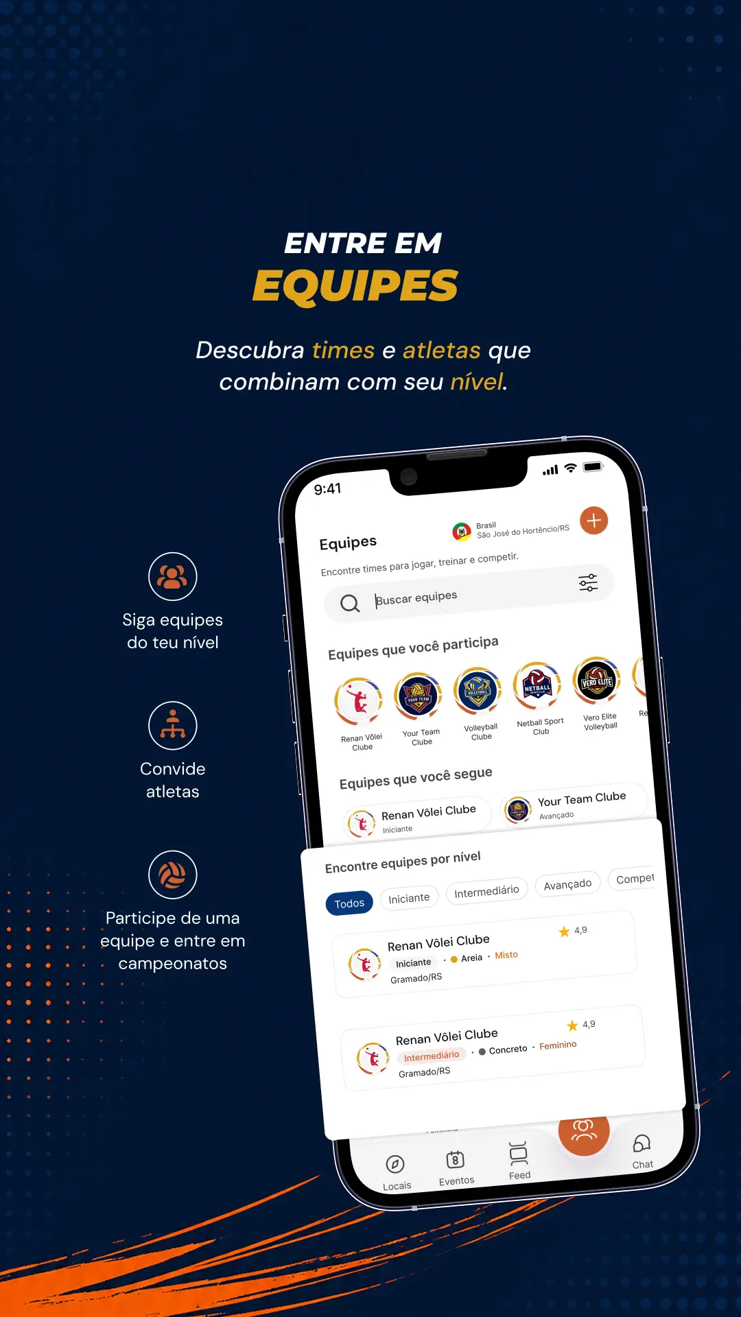 Entre em equipes — descubra times e atletas do seu nível